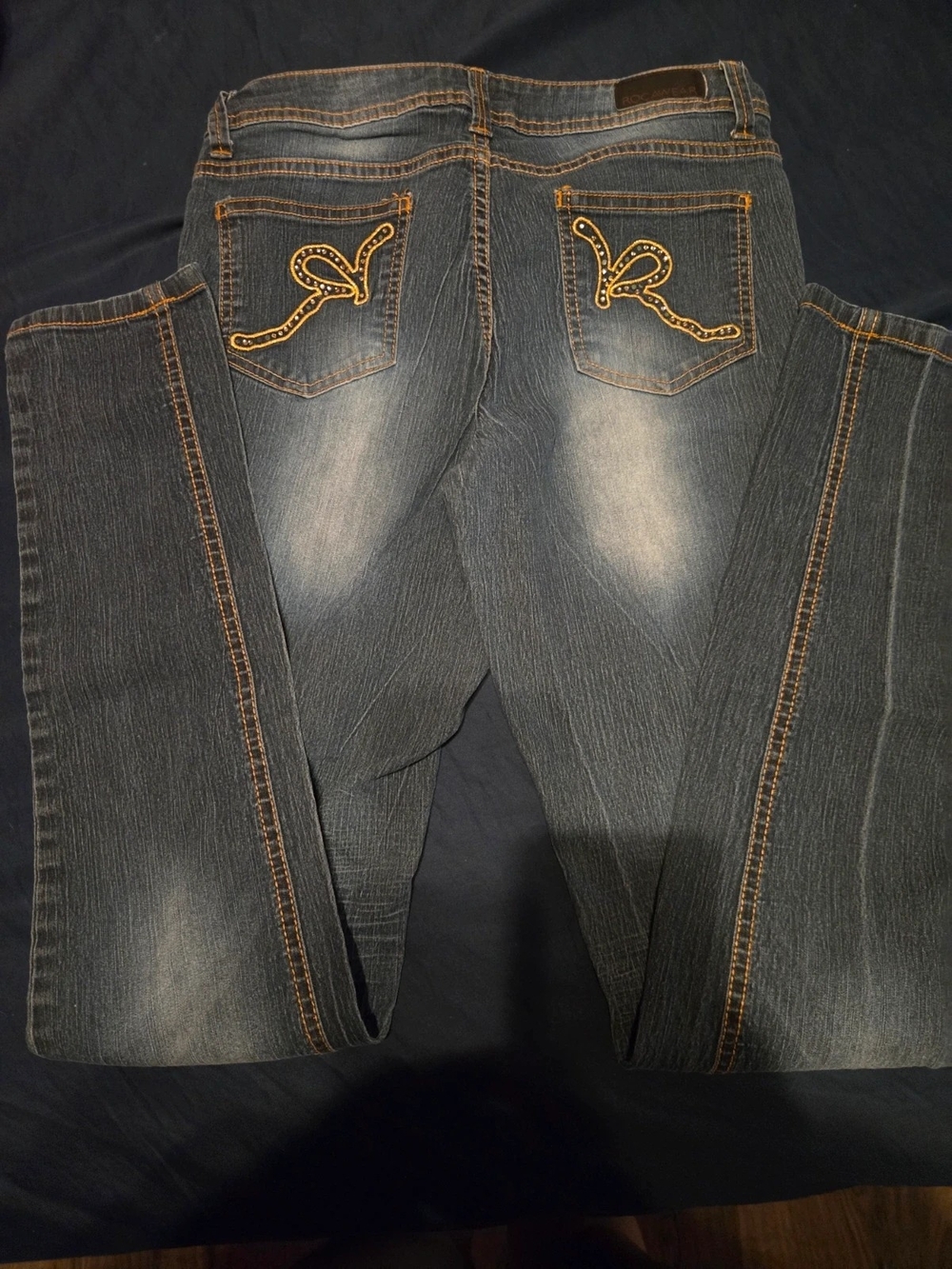 Rocawear Dark Blue Boot Cut Jeans with Gold Pocket Stitching
